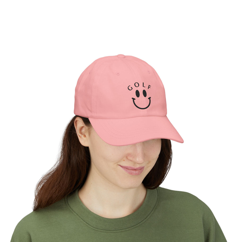 Golf Smiley Dad Cap — Classic White Embroidered Golf Smile Hat