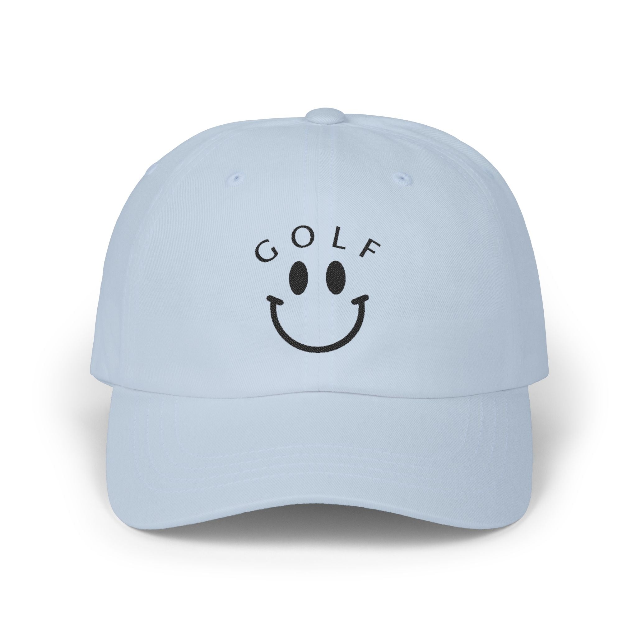 Golf Smiley Dad Cap — Classic White Embroidered Golf Smile Hat