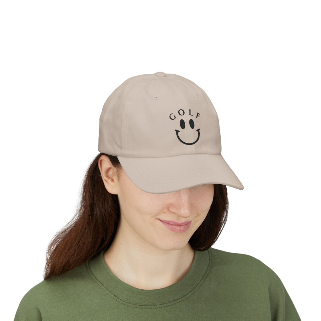 Golf Smiley Dad Cap — Classic White Embroidered Golf Smile Hat