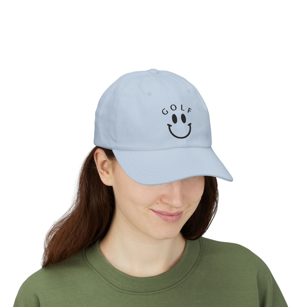 Golf Smiley Dad Cap — Classic White Embroidered Golf Smile Hat