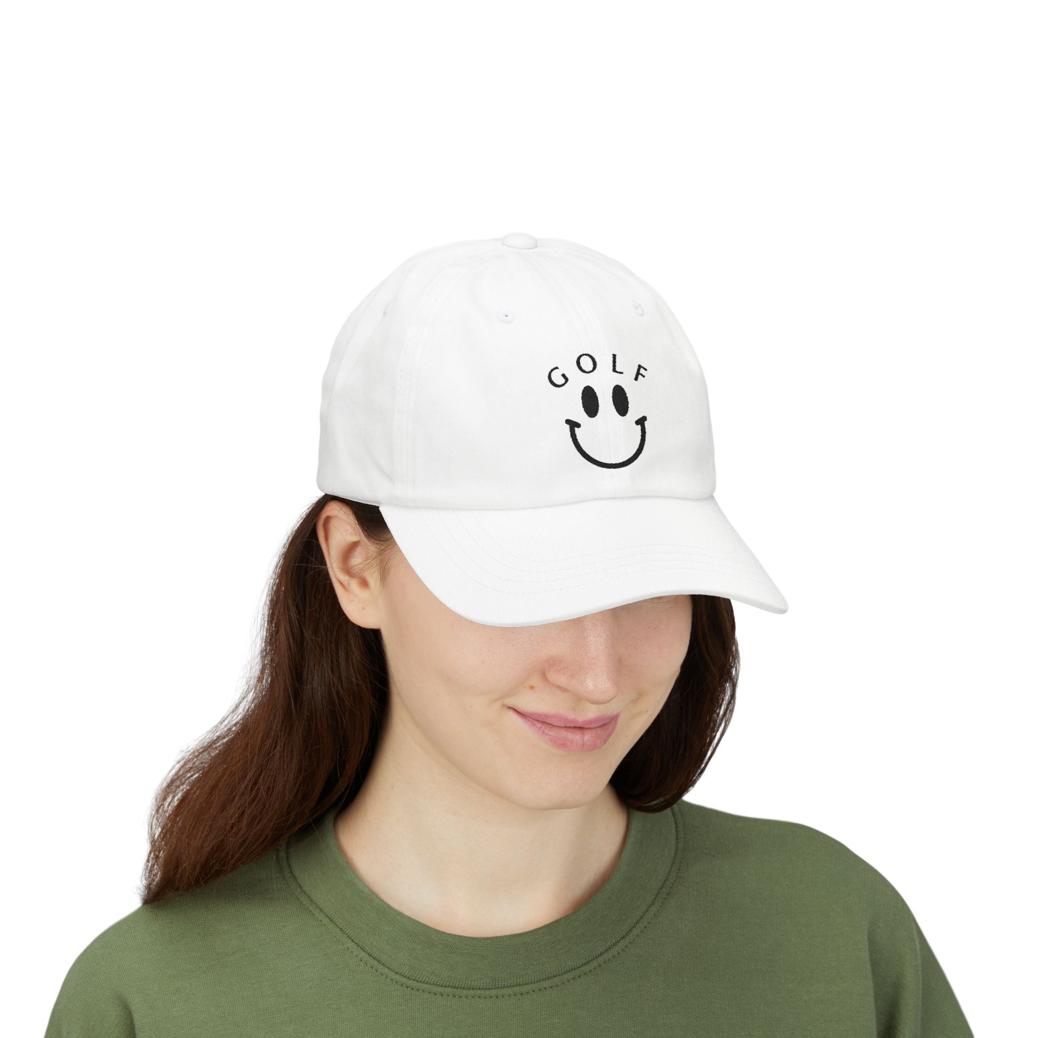Golf Smiley Dad Cap — Classic White Embroidered Golf Smile Hat