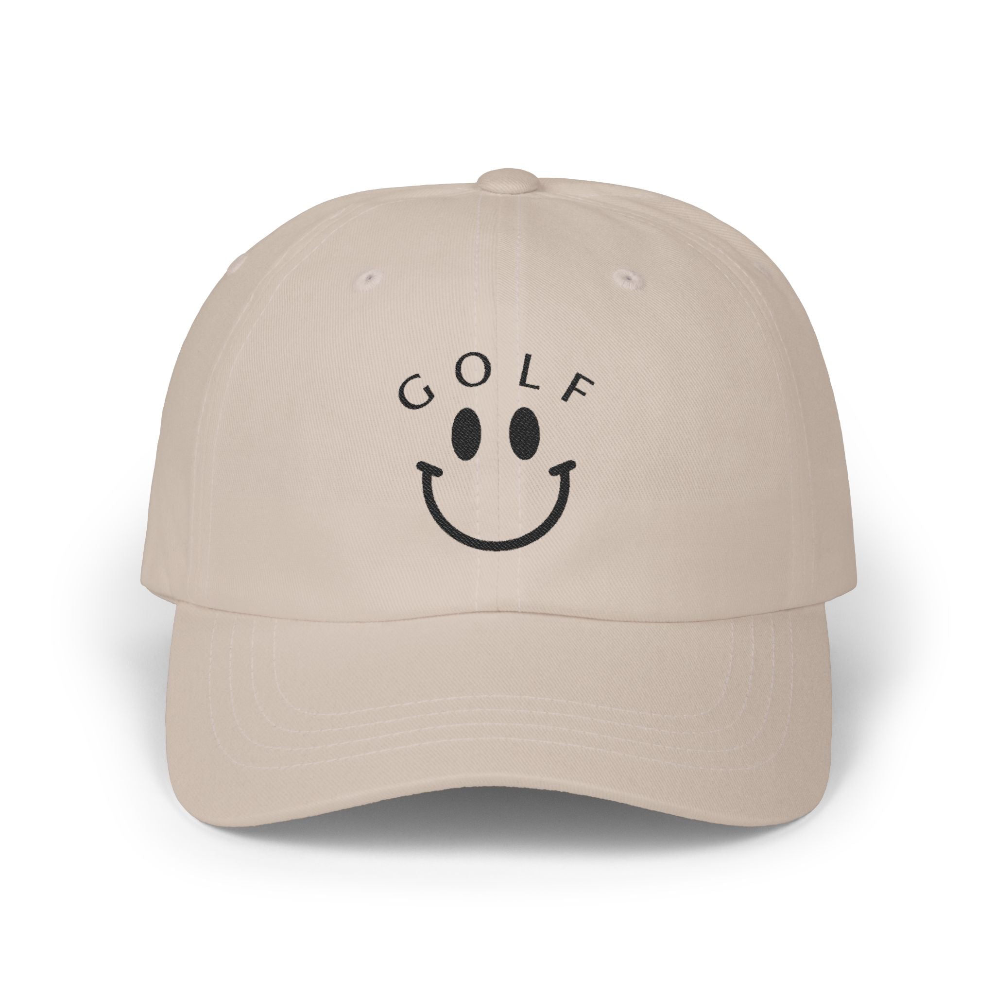 Golf Smiley Dad Cap — Classic White Embroidered Golf Smile Hat
