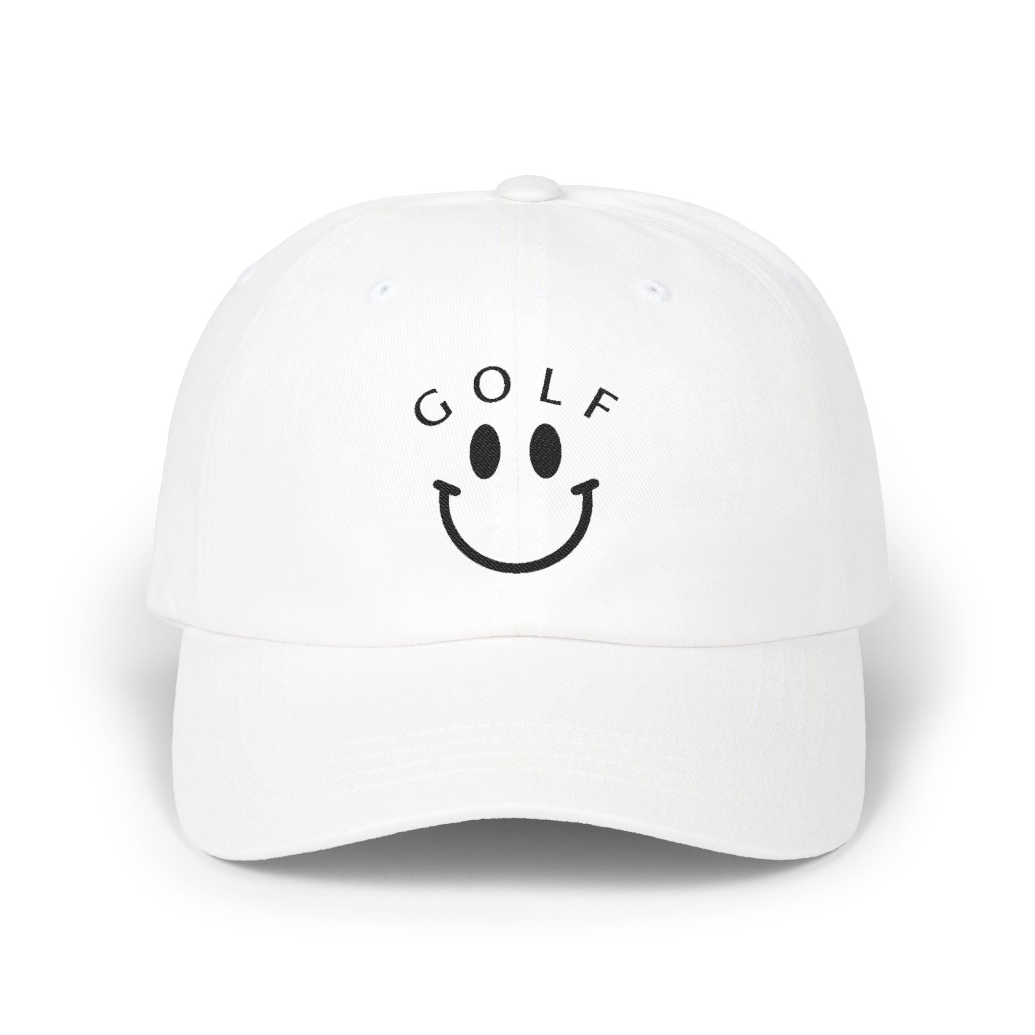 Golf Smiley Dad Cap — Classic White Embroidered Golf Smile Hat
